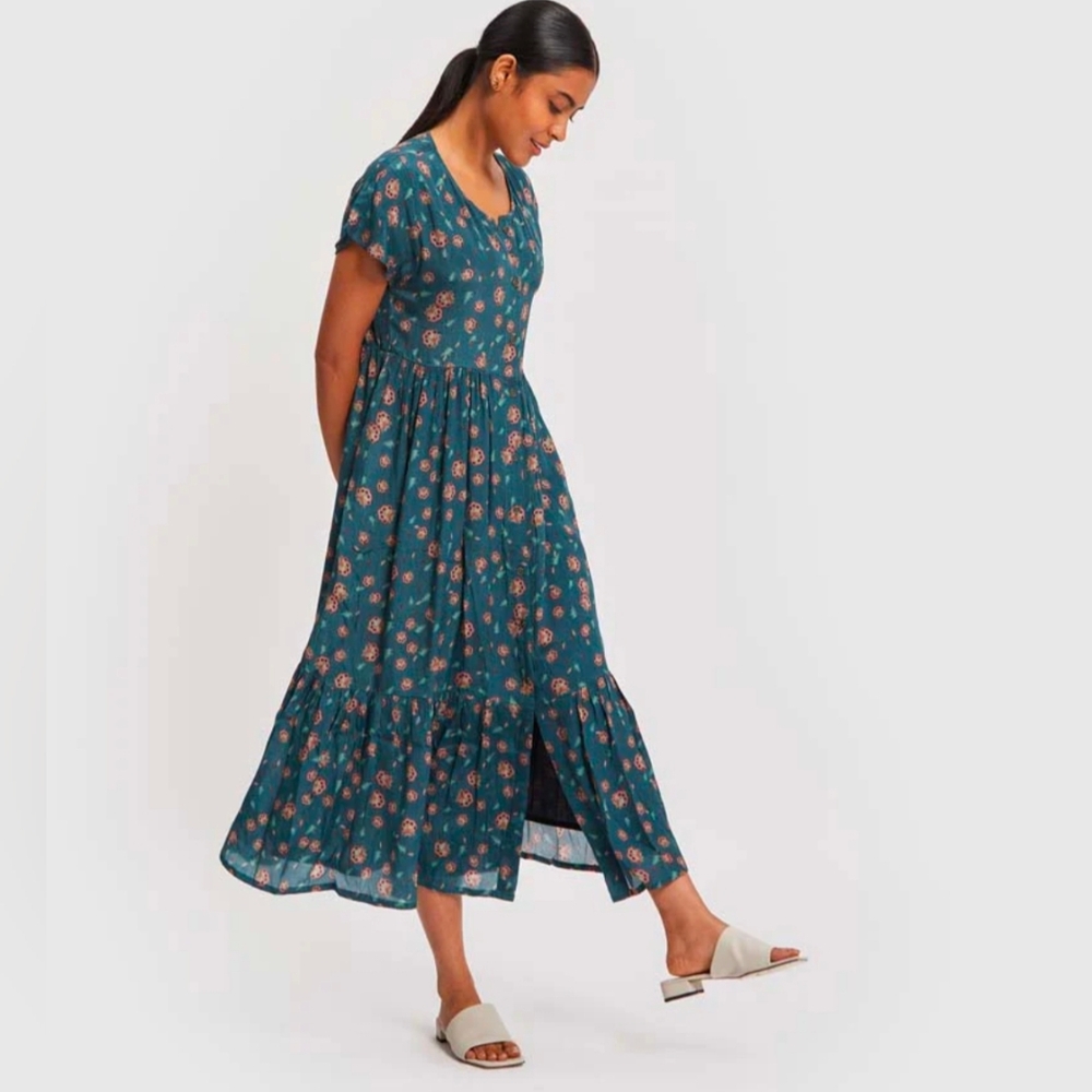 Reistor Midi Tiered Shirt Dress Teal Floral Bemberg Cupro Rayon Fabric Size L